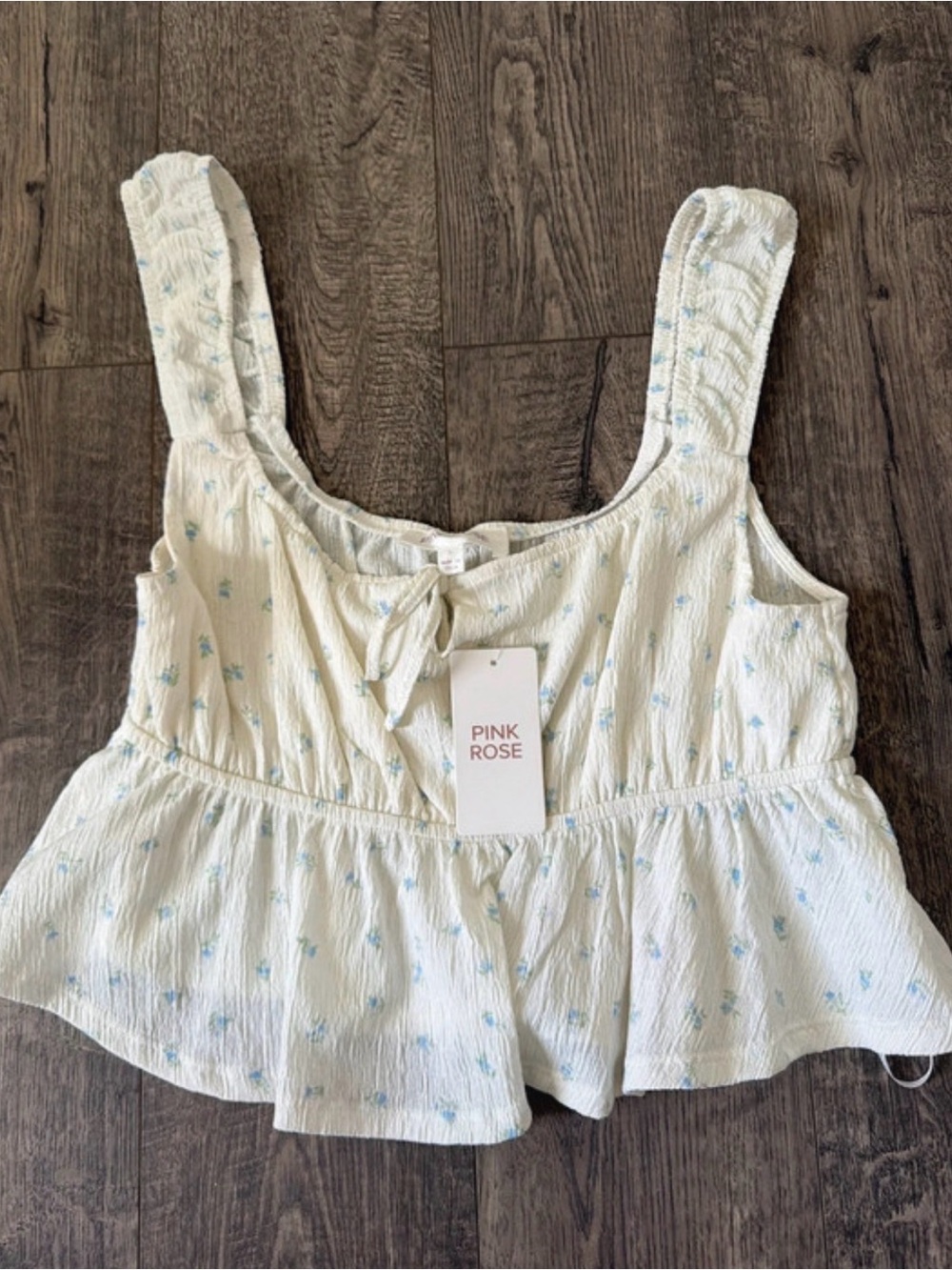 Pink Rose Cream Peplum Tie-Front Floral Cami with Light Blue Print